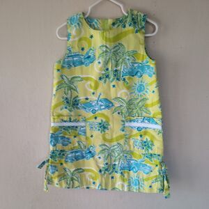 Lily Pulitzer Dress Girl 4T Yellow Tropical Palm Tree Woody Car Sleeveless Shift